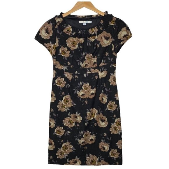Boden Sz 10 Black 100% WOOL Ruffled Floral Print Sheath Shift Dress - Picture 5 of 8